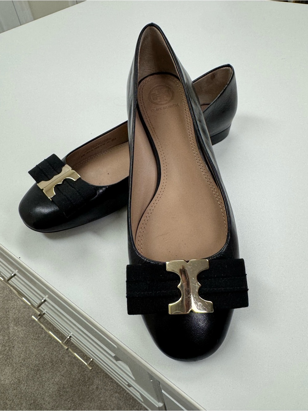 Tory Burch Black Leather Ballet Flats with Gold Logo Bow